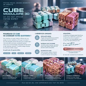 Peut inclure: Un cube modulaire 3D composé de segments métalliques aux teintes bleu sarcelle et cuivre avec des motifs géométriques complexes. L'image contient du texte tel que CUBE MODULAIRE 3D, détaillant sa conception modulaire et ses textures tactiles.