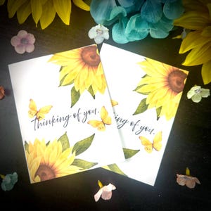 Tournesols et papillons | Je pense à vous Carte de voeux vierge avec enveloppe | Carte de condoléances ou de sympathie pour la famille et les amis