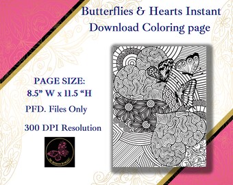 Butterfly Hearts Coloring printable coloring Stress Relief | Anxiety Coloring