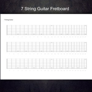 May include: A blank 7-string guitar fretboard diagram with 24 frets and 7 strings. The diagram is repeated three times on the page.