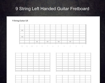 9 String Printable Left Handed Guitar Blank Fretboard.