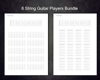 6 String Printable Guitar Players Bundle, Blank Fretboards and Chord Charts.