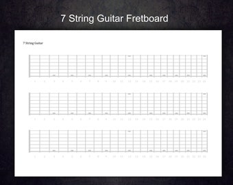 Op de afbeelding: Een blanco 7-snarige gitaar fretboard diagram met 24 frets en 7 snaren. Het diagram wordt drie keer op de pagina herhaald.