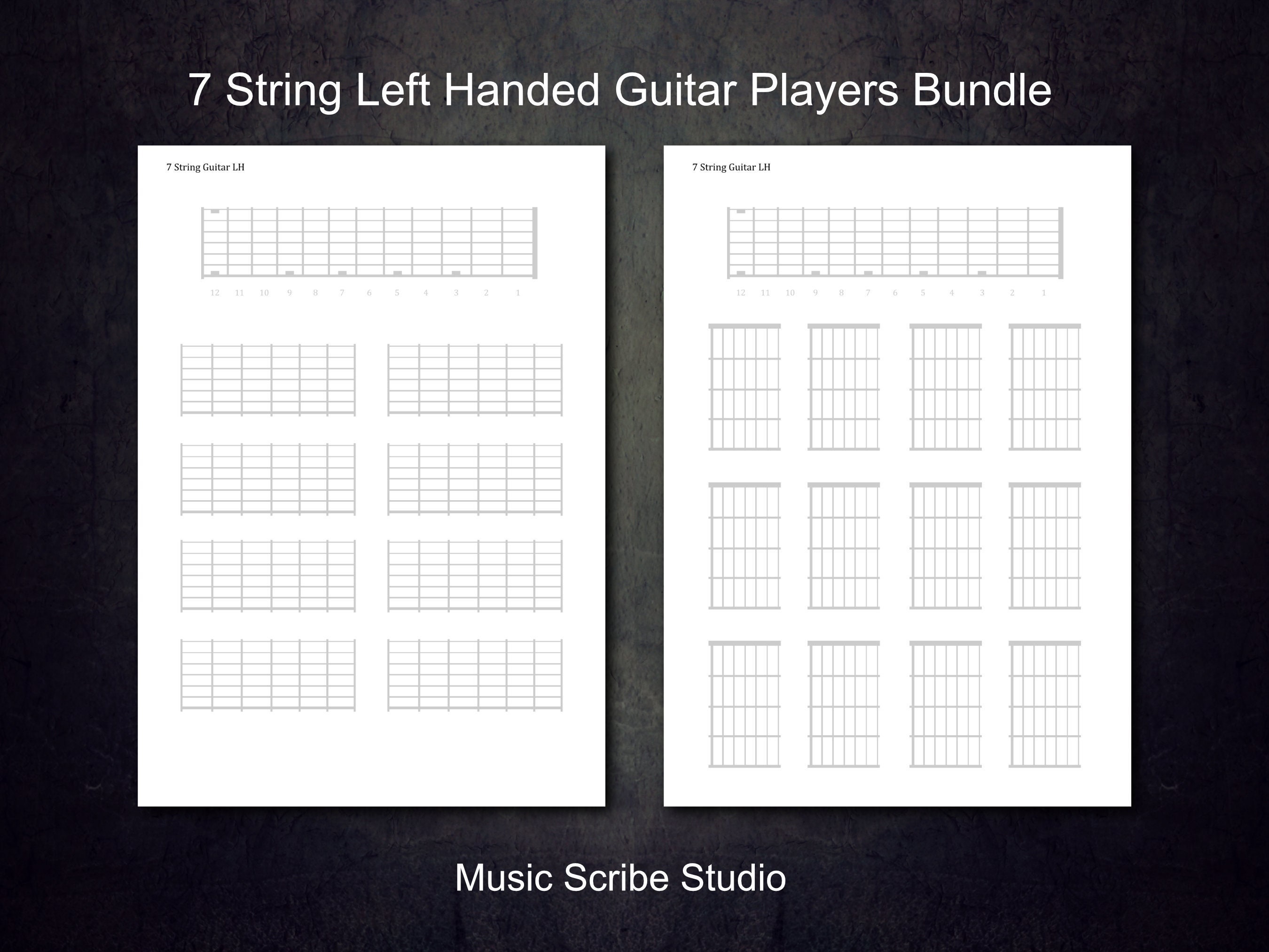 7 String Printable Left Handed Guitar Players Bundle, Blank Fretboards ...