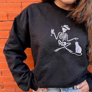 Skeleton + Cat & Wine - Unisex Embroidered Sweatshirt