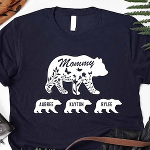 Mommy Bear Tee, Personalized Mom Shirt, Custom Mama Bear Shirt With Kid Names, Mother&#39;s Day Gift, Mom Birthday Shirt, Floral Design Shirt