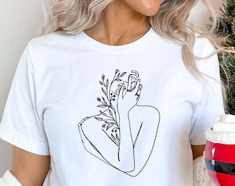 Botanical Woman Shirt, Line Art Tee, Floral Female, Abstract Design T-Shirt, Boho Art Shirt, Gift For Her, Hippie Shirt, Mom Birthday Gift