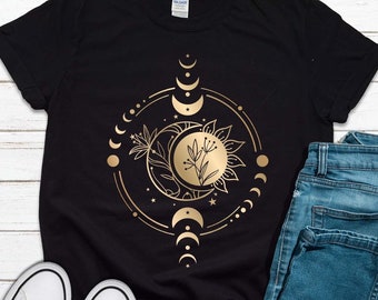 Camisa de sol y luna, sudadera de luna celestial, fase lunar, silueta de luna mágica, camisa de sol, camisa de luna llena, regalo para ella, camisa abstracta
