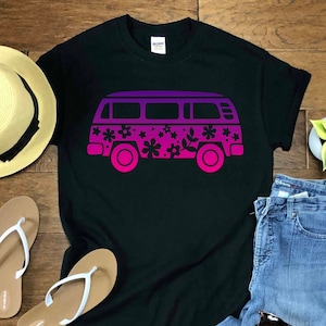 Hippie Bus Shirt, Retro Floral Bus Shirt, Hippie Soul Shirt, BOHO Shirt, Hippie 70s Summer Shirt, Peace Sign Shirt, Retro Caravan Shirt