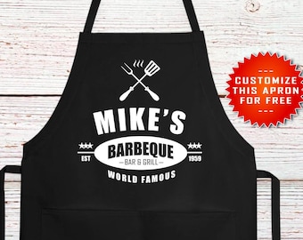 Personalized BBQ Apron, Barbeque Bar & Grill, Gift for Dad, Dad Barbecue Gift, Gift For Him Funny BBQ Apron, Fathers Day, Christmas Gift
