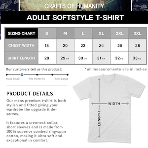 May include: A sizing chart for a softstyle t-shirt in sizes S to 3XL. The chart shows chest width and shirt length measurements in inches. The product details describe the t-shirt as a premium, stylish, and fitted garment made from 100% superior combed ring-spun cotton.