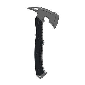 May include: A tactical tomahawk with a black handle and a gray axe head. The head features a sharp blade, a hammer, and a pointed spike. The handle has a textured grip for secure handling.