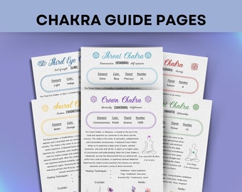May include: A set of seven chakra guide pages with illustrations of each chakra, including the name, element, color, planet, and number. Each page also includes healing techniques, crystals, and herbs.