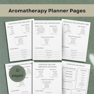 Gids voor aromatherapie etherische oliën en plannerpagina's, dagboek voor etherische oliën, gids voor aromatherapie, recepten voor aromatherapie, etiketten voor etherische oliën