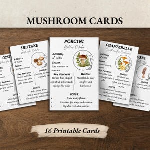 May include: A set of 16 printable mushroom cards, each featuring detailed information on different mushroom varieties. The cards include illustrations, key features, habitat, and notes. The title "Mushroom Cards" is at the top.