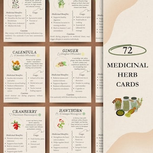 May include: A beige card with the text "72 MEDICINAL HERB CARDS" and detailed information on various herbs. The image includes text, illustrations, and medicinal benefits, such as Calendula, Ginger, Cranberry, and Hawthorn.