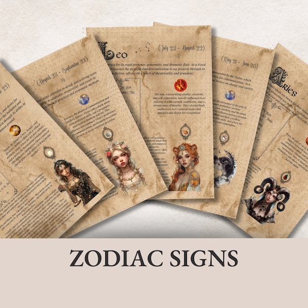 Zodiac Sign Pages, Printable Grimoire Pages, Astrology Cheat Sheets, Horoscope Guide, Books of Shadows Pages, Witchcraft Pages,