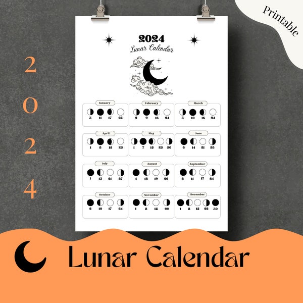 2024 Moon Calendar, Lunar Calendar, Moon Phases Calendar, Minimalistic Calendar, Moon phase chart, Digital calendar, Grimoire pages