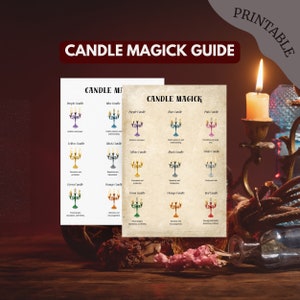 May include: Two printable "Candle Magick Guide" sheets. The sheets feature illustrations of candelabras in various colors, each representing a different intention. The text includes "Purple Candle", "Blue Candle", "Yellow Candle", and "Green Candle". A lit candle is in the background.