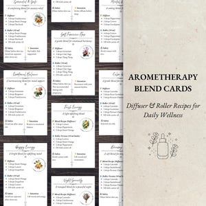 May include: Aromatherapy blend cards with diffuser and roller recipes for daily wellness. The cards feature recipes for various blends, including Grounded & Safe, Emotional Balance, and Happy Energy. Each card lists ingredients and instructions.