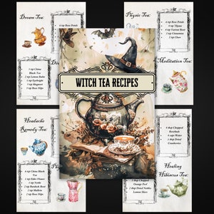 May include: A watercolour illustration of a witch's hat and teapot with a book and roses. The image includes text for different witch tea recipes, including Dream Tea, Physic Tea, Meditation Tea, Headache Remedy Tea, Healing Hibiscus Tea.