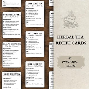 Cartes de recettes de tisanes, recettes de thé imprimables, mélanges de thé holistiques, guide de bien-être et de guérison,