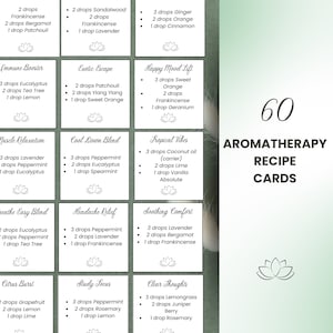 Aromatherapierecepten, afdrukbare aromatherapiereceptkaarten, etherische oliemengsels, etherische oliecombinaties, aromatherapiegids