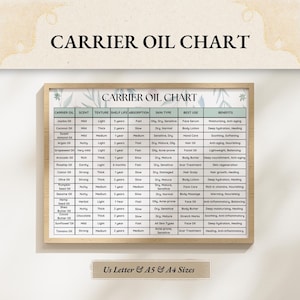 Può includere: Un grafico che elenca diversi oli da vettore, il loro profumo, la loro consistenza, la loro durata di conservazione, il loro assorbimento, il loro tipo di pelle, il loro miglior utilizzo e i loro benefici. Il grafico è incorniciato da una cornice marrone chiaro con un motivo floreale.