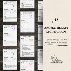 Könnte beinhalten: Aromatherapie-Rezeptkarten mit verschiedenen ätherischen Ölmischungen für Diffusoren, Massageöle, Badezusätze, Inhalatoren und Raumsprays. Rezepte für Entspannung, Muskelentspannung und Konzentration.
