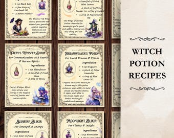 Hexentrankrezepte, Hexentränke, Zaubertrankrezeptkarten, Grimoireseiten, Buch der Schatten, Hexerei, Altar, Hexendruck