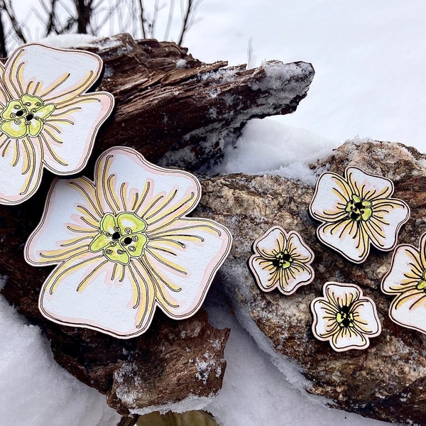 Dogwood buttons, dogwood flower, flower buttons, Ostara, Beltane, Easter buttons, pagan buttons, Wiccan buttons, spring buttons, wood button