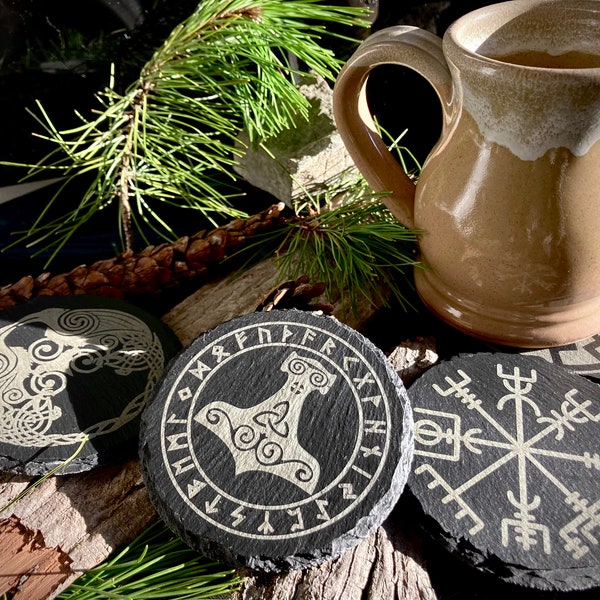 Norse coasters - Pagan coasters - Viking coasters - Engraved coasters - Raven coaster - Thor's Hammer coaster - Vegvisir coaster