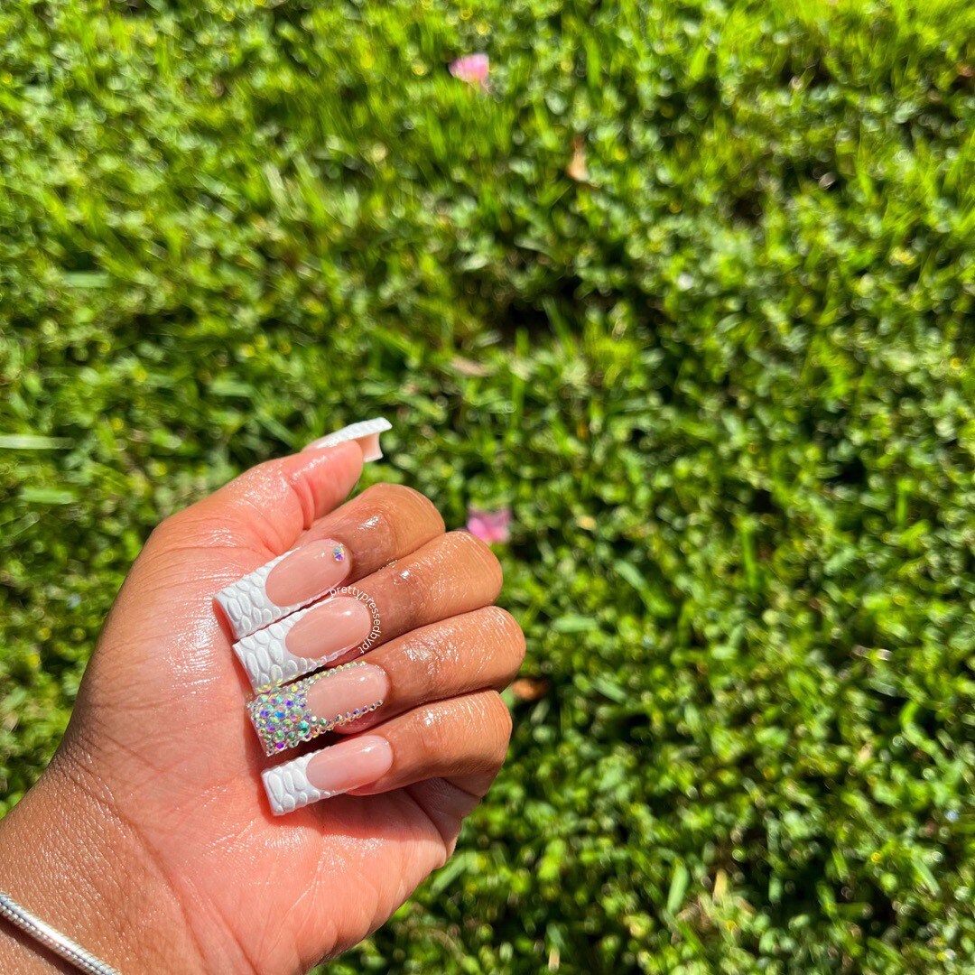 White croc French Blinged Out Nail Glue on Nails Etsy