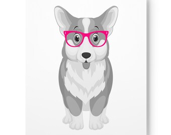 May include: A cartoon illustration of a gray and white corgi wearing pink glasses. The corgi is looking directly at the viewer.