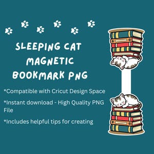 Cute Sleeping Cat on Books Magnetic Bookmark PNG | Printable Bookmark | DIY Cat Bookmark | Instant Download | Cricut Bookmark