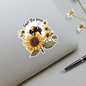 Save the Bees Sticker: Sunflower Bumblebee Design (PNG Digital Download)