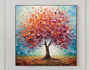 Abstract Colorful Tree Oil Painting On Canvas, Extra Large Wall Art,Original Tree of Life Art Autumn Decor,Custom Painting Living Room Decor