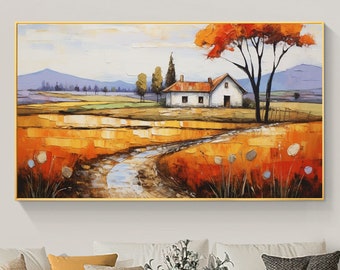 Original Landschaft Ölgemälde auf Leinwand, großes Wandbild, minimalistische abstrakte Wandkunst, orange Boho Wanddekor Wohnzimmer Dekor