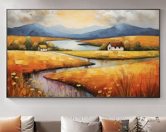 Dorf Landschaft Ölgemälde auf Leinwand, große Wandkunst, Original Abstrakte Berg Kunst, Orange ländliche Fluss Kunst, Boho Wohnzimmer Dekor Geschenk