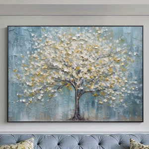 Abstract Tree of Life Oil Painting On Canvas, Extra Large Wall Art, Original Golden Leaf Painting, Custom Painting, Living Room Wall Decor