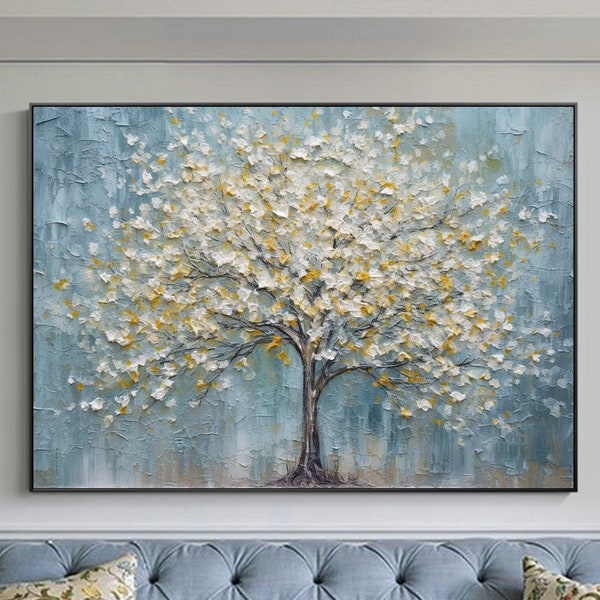 Pintura al óleo abstracta del árbol de la vida sobre lienzo, arte de pared extra grande, pintura original de hoja dorada, pintura personalizada, decoración de la pared de la sala de estar