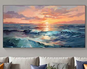Peinture à l’huile abstraite de paysage d’océan sur toile, grand art mural, peinture originale de coucher de soleil d’art de paysage marin, peinture personnalisée, décor de salon