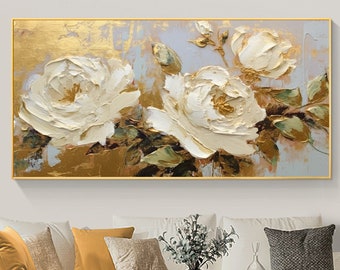 Grande dipinto ad olio originale di fiori su tela, decorazione da parete dorata, pittura floreale con texture astratta, pittura personalizzata, decorazione moderna del soggiorno