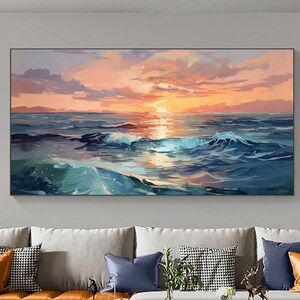 Abstract Ocean Landscape Oil Painting on Canvas, Large Wall Art, Original Seascape Art Sunset Painting Custom Painting Living Room Decor