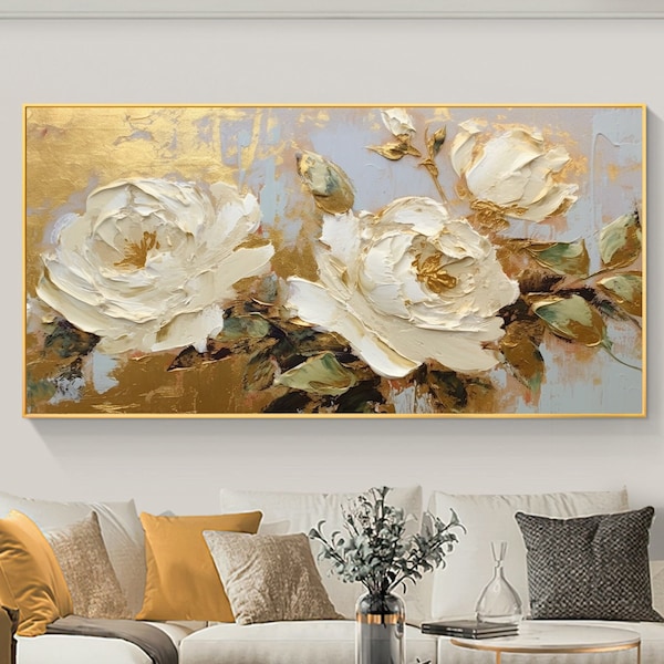 Grandes fleurs originales, peinture à l'huile sur toile, décoration murale dorée, peinture florale de texture abstraite, peinture personnalisée, décoration de salon moderne