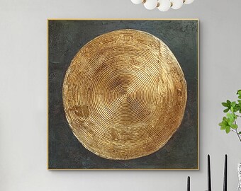 Large Gold Circle Oil Painting on Canvas, Abstract Original Modern Minimalist Golden Textured Acrylic Painting Living Room Wall Art Decor