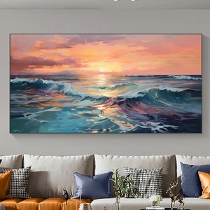 Abstract Ocean Oil Painting on Canvas, Large Wall Art, Original Seascape Art Sunset Painting Custom Painting Minimalist Living Room Decor