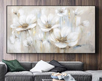 Abstract Blossom Floral Oil Painting on Canvas, Large Original Textured White Grey Poppy Bouquet Acrylic Painting Living Room Wall Art Decor