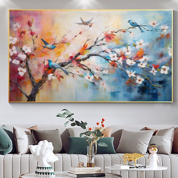 Cerise colorée originale peinture à l'huile sur toile, grande oeuvre d'art murale, fleur abstraite Art floral oiseau peinture peinture personnalisée décoration salon