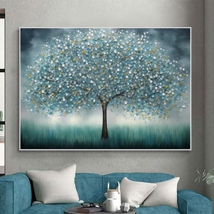 Abstract Tree of Life Oil Painting On Canvas, Extra Large Wall Art, Original Minimalist Art Blue Decor, Custom Painting Living Room Decor